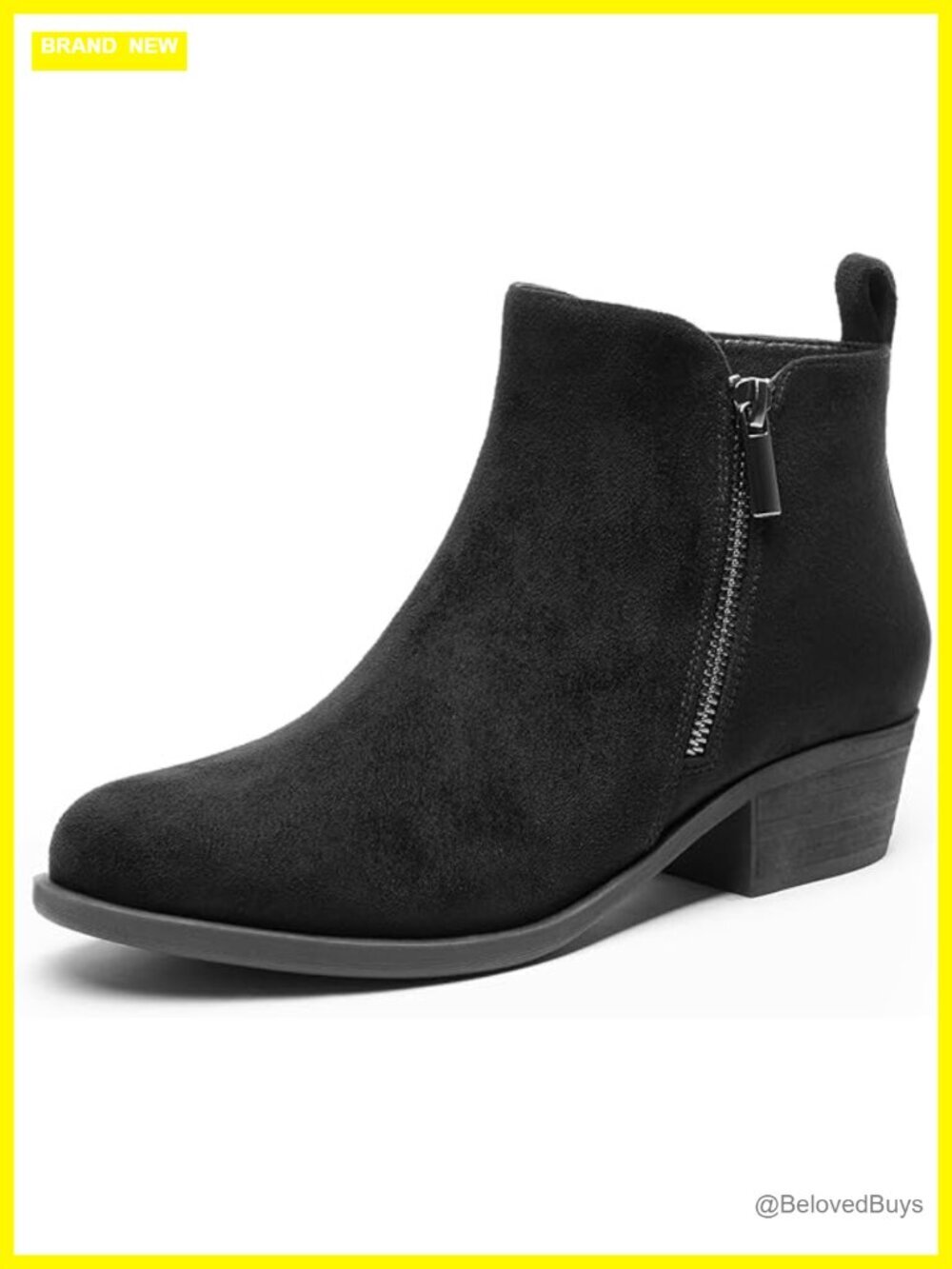 Faux Suede Ankle Boots Low Chunky Heel Side Zipper Booties